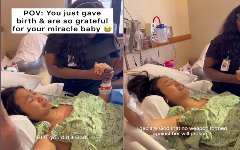 MUJER AGRADECE A DIOS EN HOSPITAL DESPUÉS DE DAR A LUZ